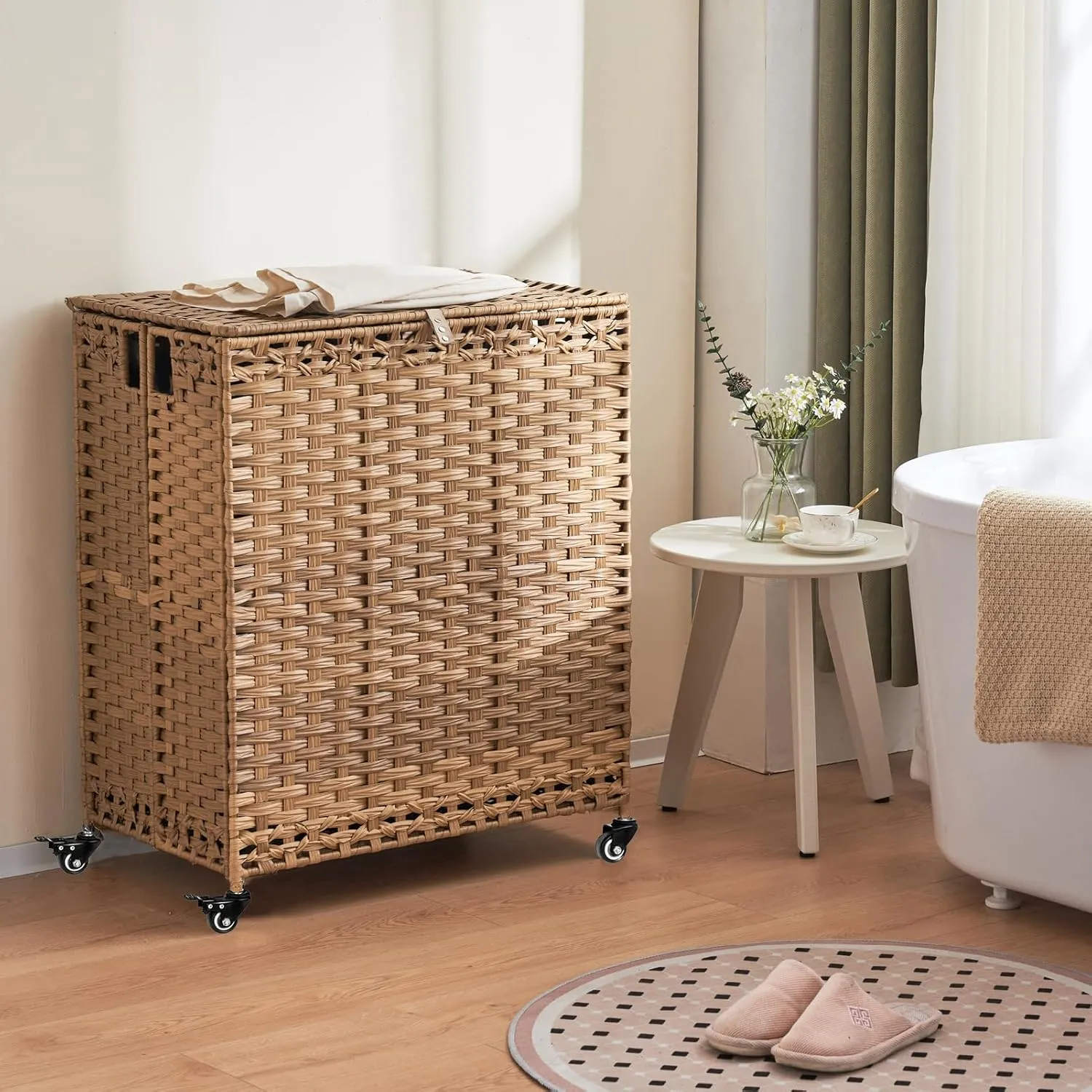 Laundry Hamper with Wheels&Lid, 50.2 Gallons(190L) Rolling Laundry Basket with Wheels, 3-Section Laundry Hamper, Handwoven Rattan Clothes Hamper with 3 Removable Liner&3 Mesh Laundry Bags, Natural