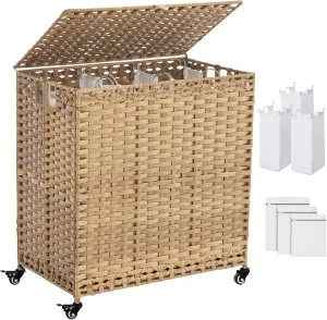 Laundry Hamper with Wheels&Lid, 50.2 Gallons(190L) Rolling Laundry Basket with Wheels, 3-Section Laundry Hamper, Handwoven Rattan Clothes Hamper with 3 Removable Liner&3 Mesh Laundry Bags, Natural