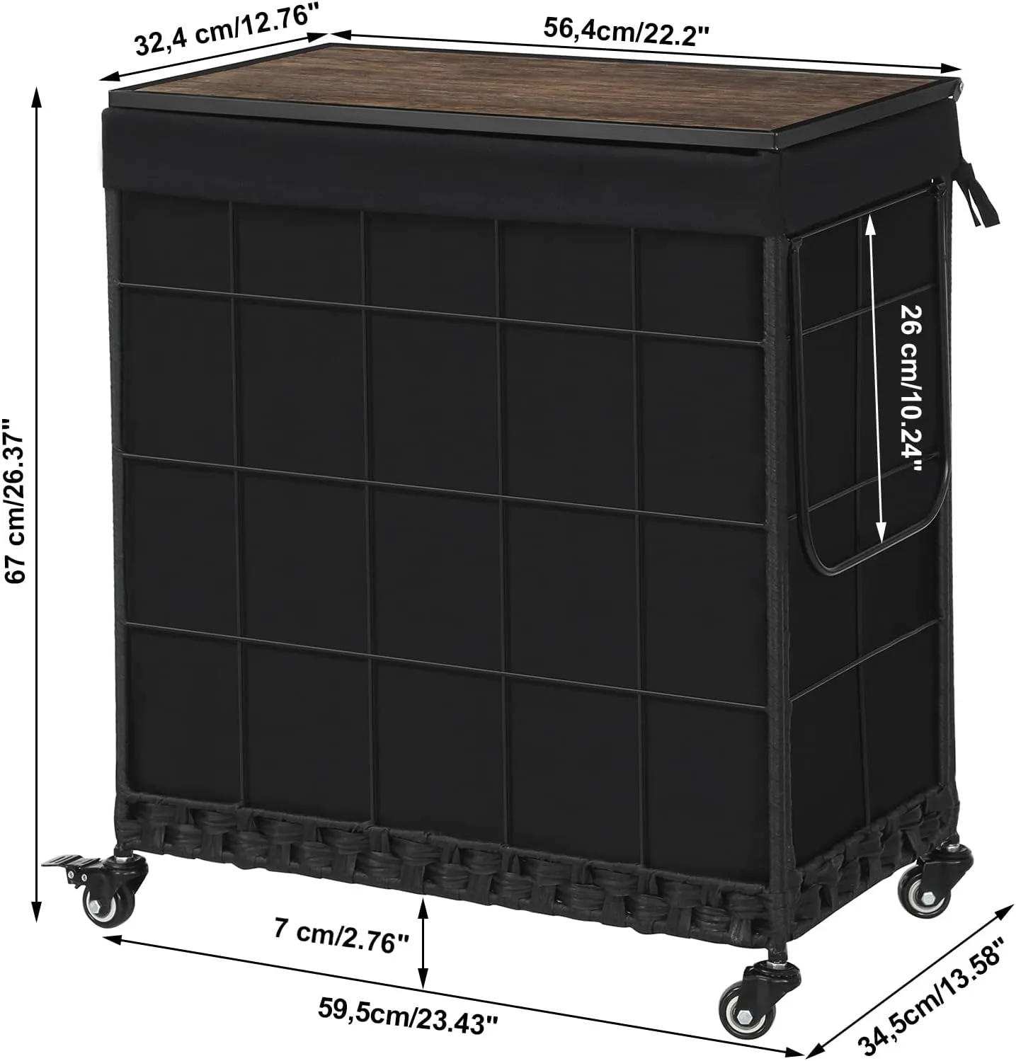 Laundry Hamper with Wood Lid and Divided Liner Bag; Durable Laundry Basket with Heavy Duty Rolling Lockable Wheels; Clothes Hamper with Removable Liner Bag; Laundry Sorter with Metal Handle (Black)