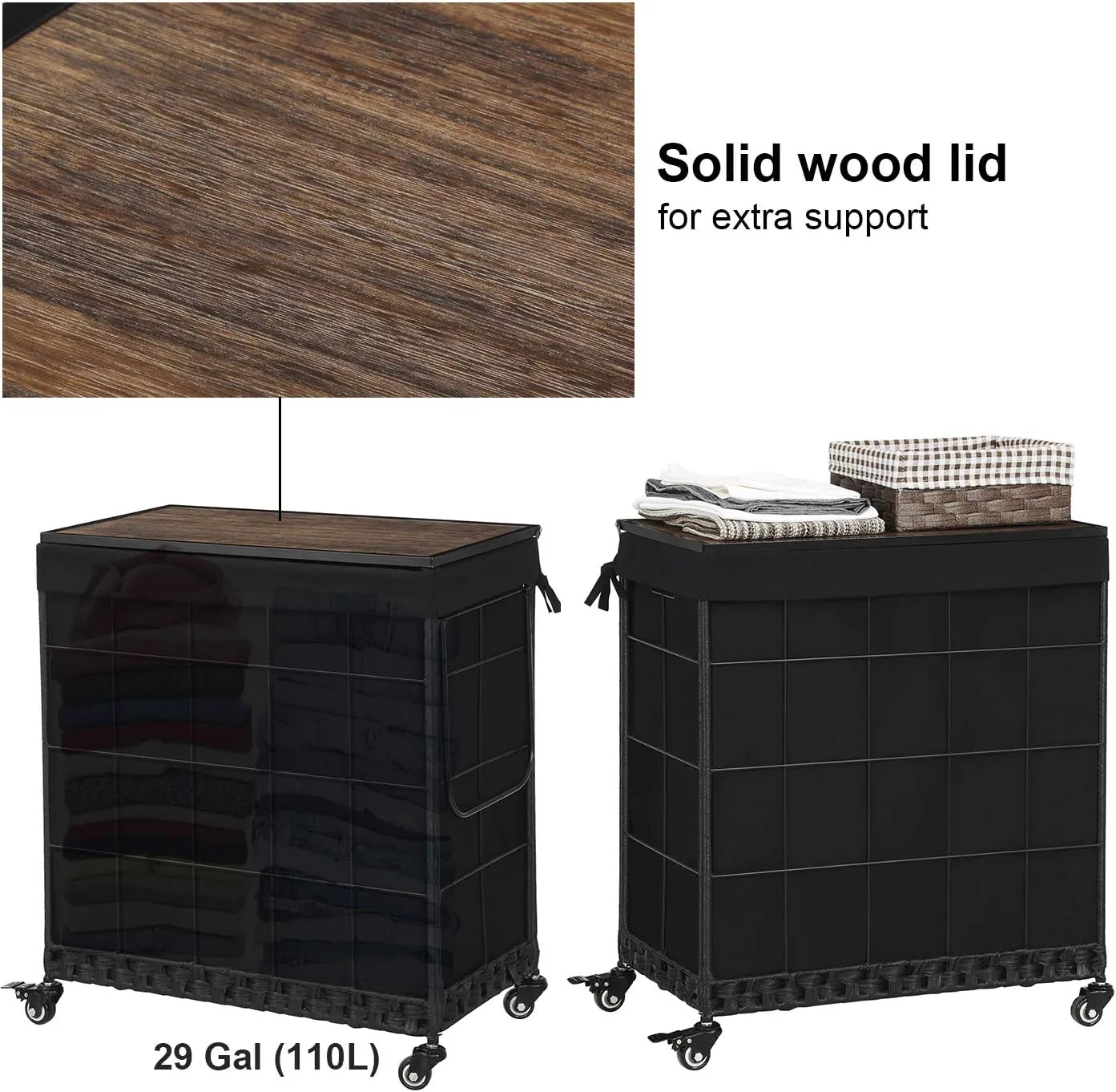 Laundry Hamper with Wood Lid and Divided Liner Bag; Durable Laundry Basket with Heavy Duty Rolling Lockable Wheels; Clothes Hamper with Removable Liner Bag; Laundry Sorter with Metal Handle (Black)