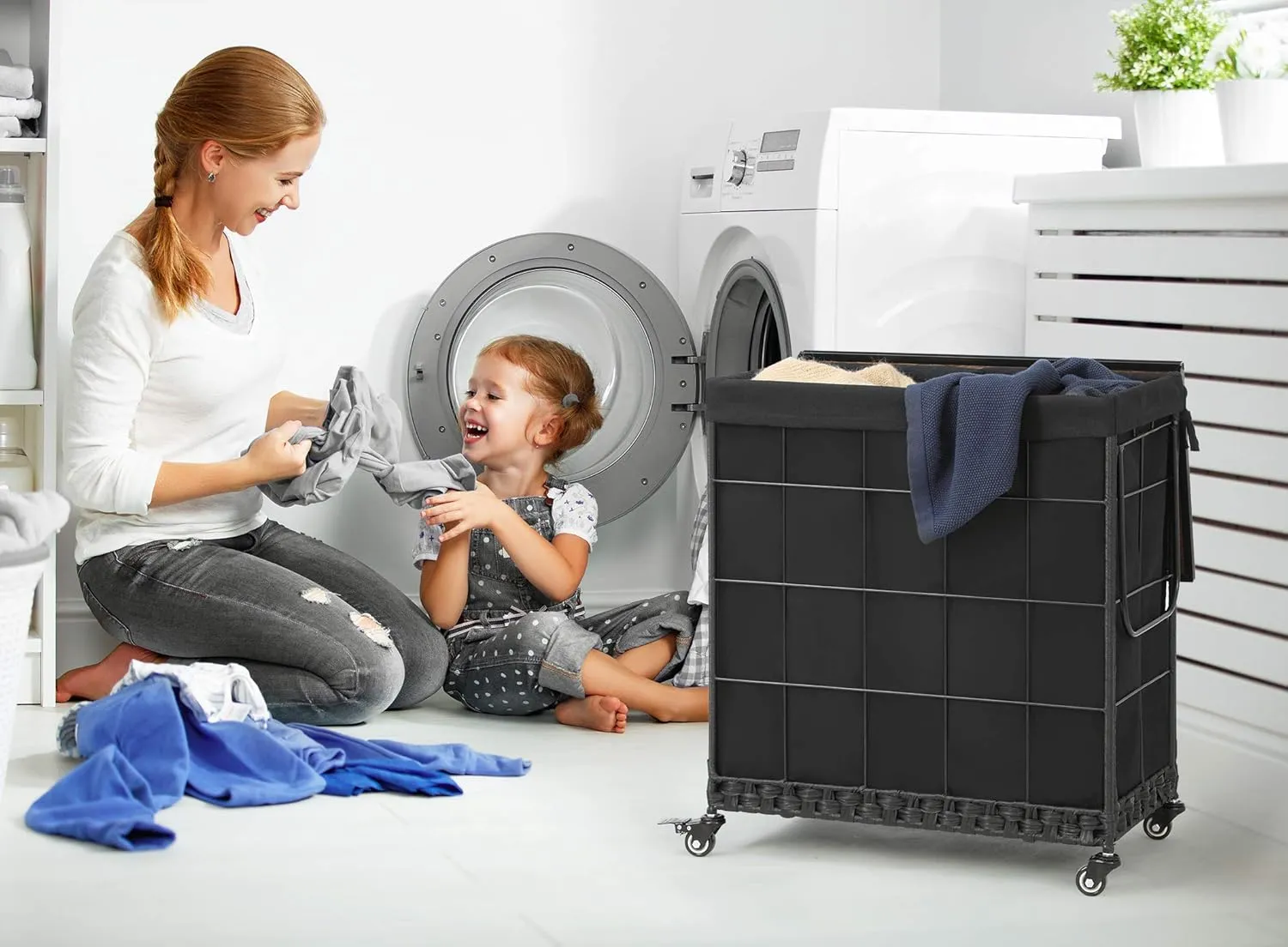 Laundry Hamper with Wood Lid and Divided Liner Bag; Durable Laundry Basket with Heavy Duty Rolling Lockable Wheels; Clothes Hamper with Removable Liner Bag; Laundry Sorter with Metal Handle (Black)