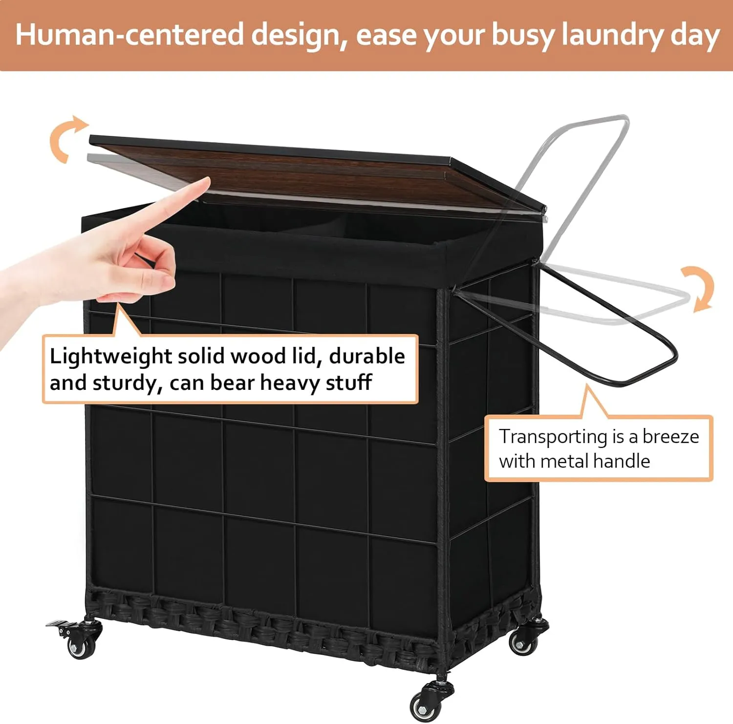 Laundry Hamper with Wood Lid and Divided Liner Bag; Durable Laundry Basket with Heavy Duty Rolling Lockable Wheels; Clothes Hamper with Removable Liner Bag; Laundry Sorter with Metal Handle (Black)