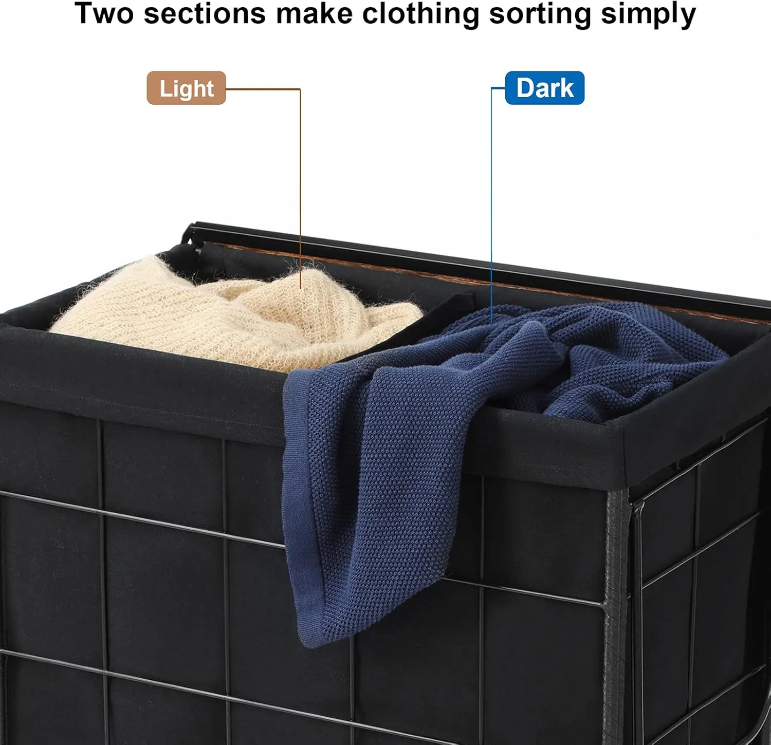 Laundry Hamper with Wood Lid and Divided Liner Bag; Durable Laundry Basket with Heavy Duty Rolling Lockable Wheels; Clothes Hamper with Removable Liner Bag; Laundry Sorter with Metal Handle (Black)
