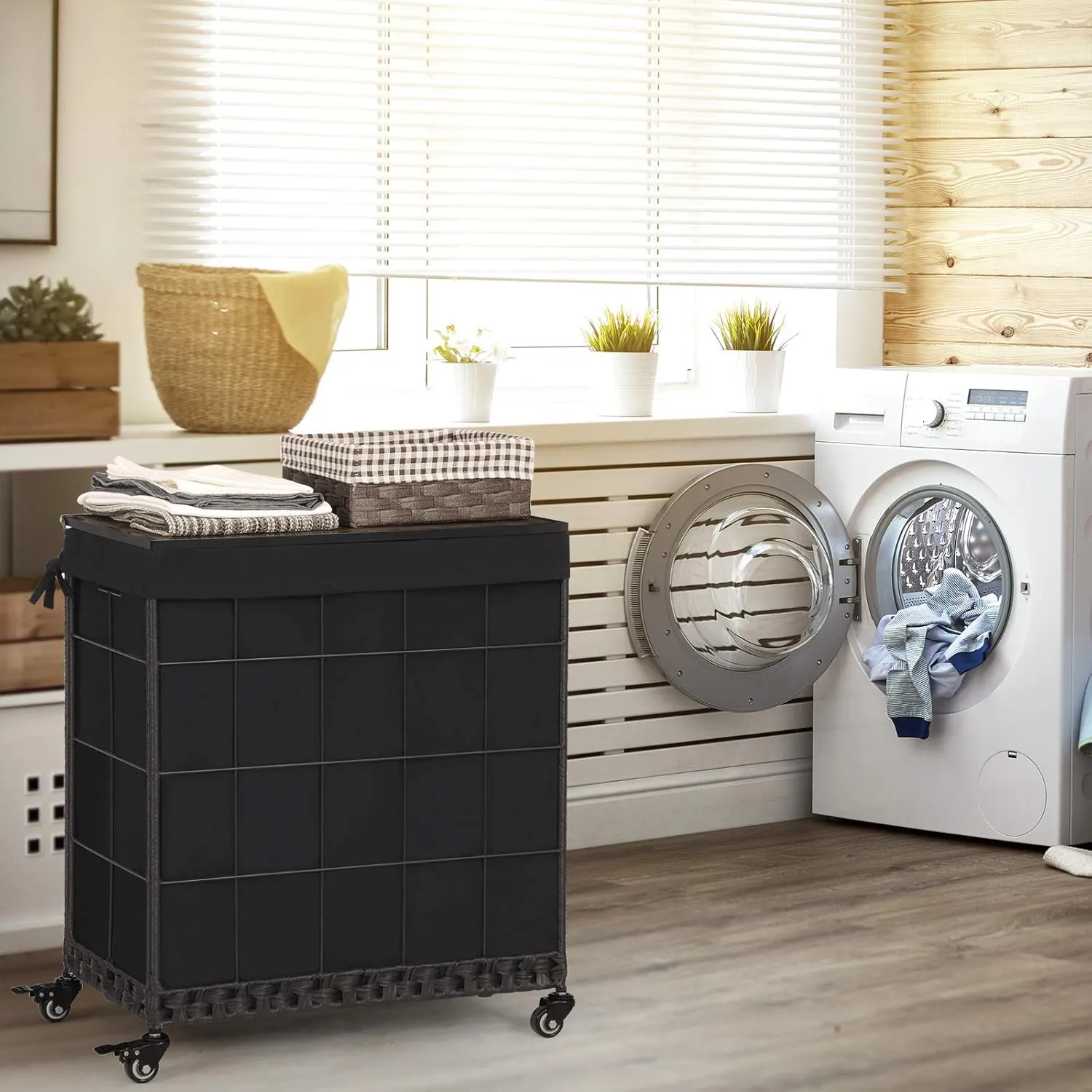 Laundry Hamper with Wood Lid and Divided Liner Bag; Durable Laundry Basket with Heavy Duty Rolling Lockable Wheels; Clothes Hamper with Removable Liner Bag; Laundry Sorter with Metal Handle (Black)