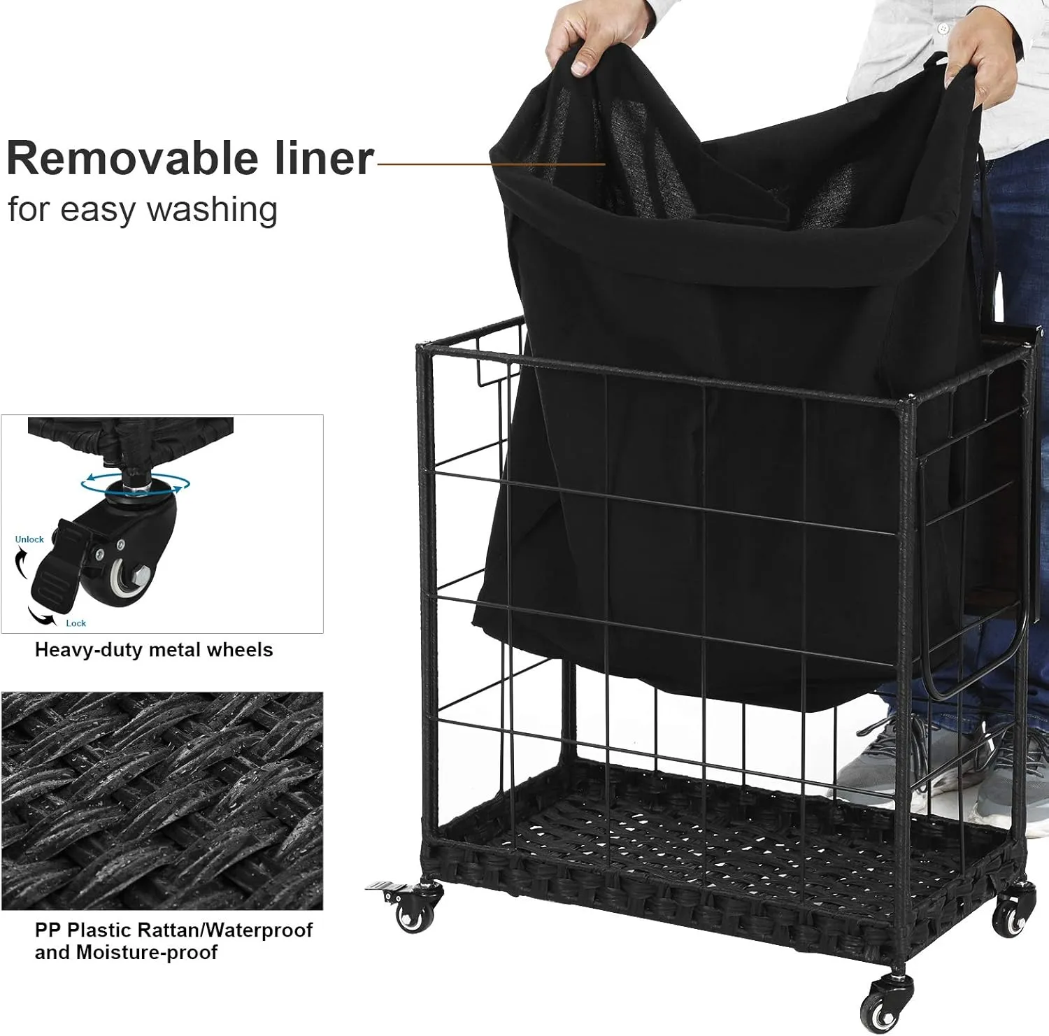 Laundry Hamper with Wood Lid and Divided Liner Bag; Durable Laundry Basket with Heavy Duty Rolling Lockable Wheels; Clothes Hamper with Removable Liner Bag; Laundry Sorter with Metal Handle (Black)