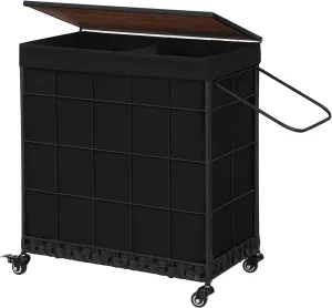 Laundry Hamper with Wood Lid and Divided Liner Bag; Durable Laundry Basket with Heavy Duty Rolling Lockable Wheels; Clothes Hamper with Removable Liner Bag; Laundry Sorter with Metal Handle (Black)