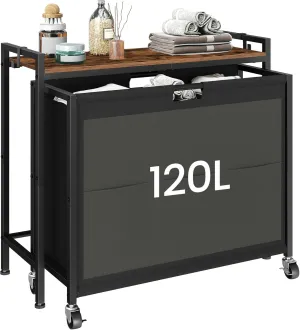 Laundry Sorter, Laundry Hamper with Storage Shelf, Mobile 2-in-1 Basket Organizer, 120 L Rolling Hamper, Large Bags and Movable Wheels, Metal Frame, Rustic Brown and Black TXY01BF