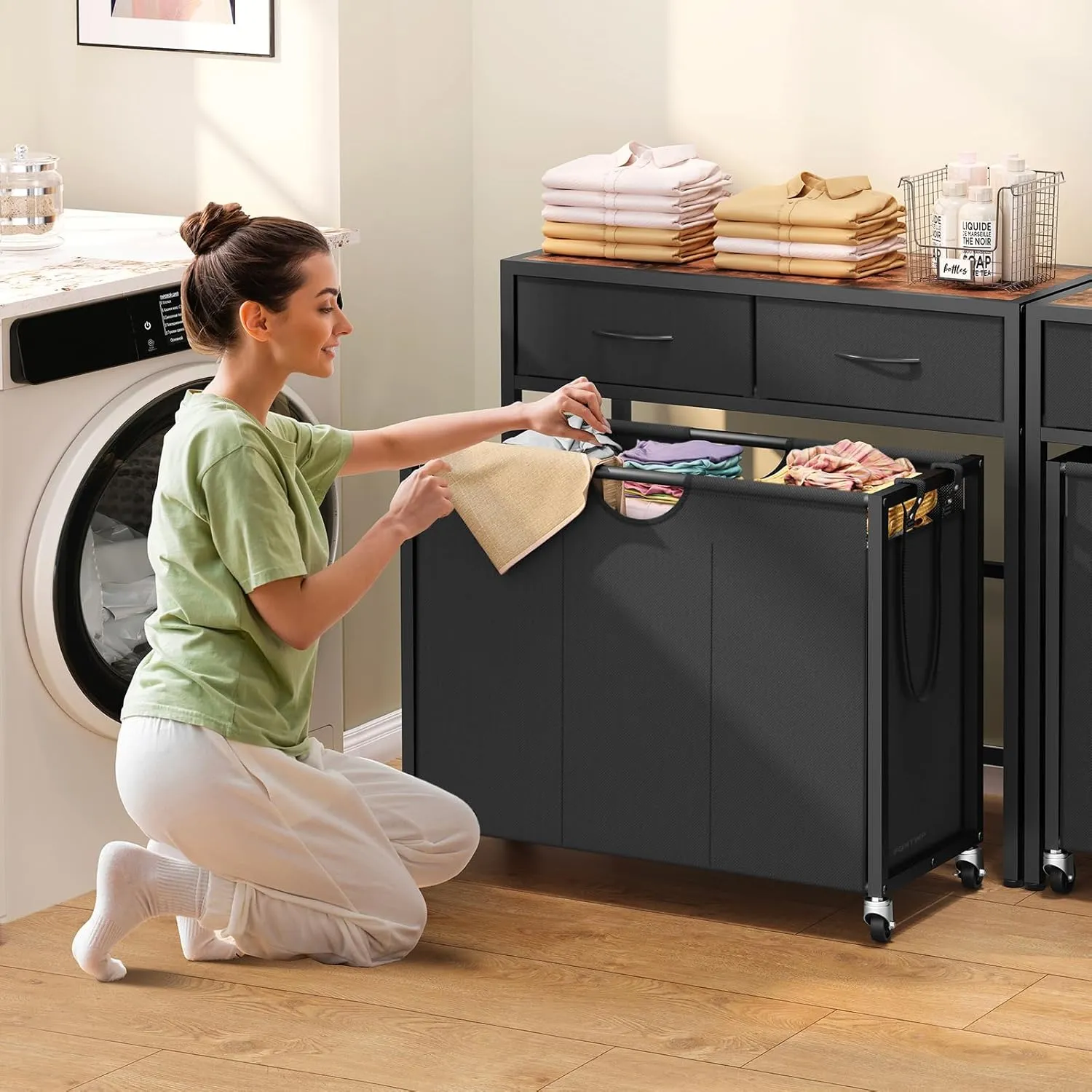 Laundry Sorter, Rolling Laundry Hamper with 3 Section Pull-Out Bags, Laundry Basket Organizer with 2 Drawers, Laundry Hamper with Wheels for Laundry Room Organization, Bathroom, Bedroom
