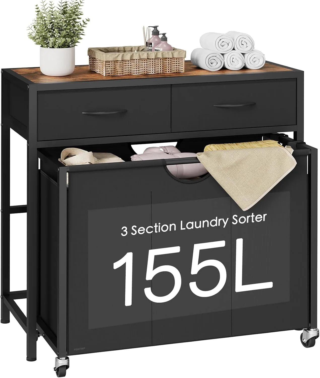 Laundry Sorter, Rolling Laundry Hamper with 3 Section Pull-Out Bags, Laundry Basket Organizer with 2 Drawers, Laundry Hamper with Wheels for Laundry Room Organization, Bathroom, Bedroom