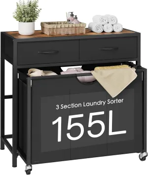 Laundry Sorter, Rolling Laundry Hamper with 3 Section Pull-Out Bags, Laundry Basket Organizer with 2 Drawers, Laundry Hamper with Wheels for Laundry Room Organization, Bathroom, Bedroom