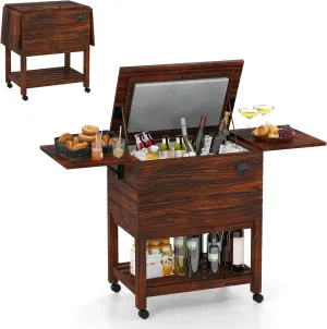 LDAILY 54 Quart Rolling Cooler Cart, Pine Wood Frame, Fold-Down Trays & Drainage Plug, 3-Layer Insulation, Outdoor Ice Chest with Wheels, Cooler with Wheels for Backyard, Beach, BBQ