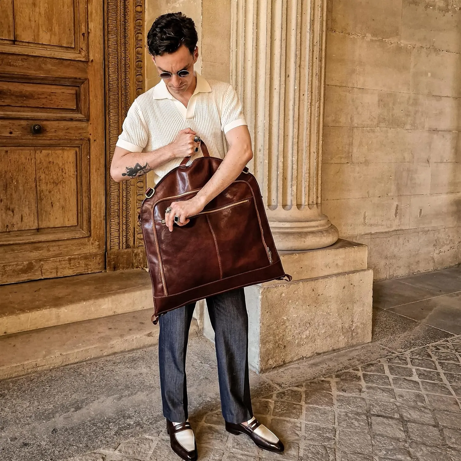 Leather Garment Bag Suit Carrier Slim Carry-on Garment Dress Protection Bag