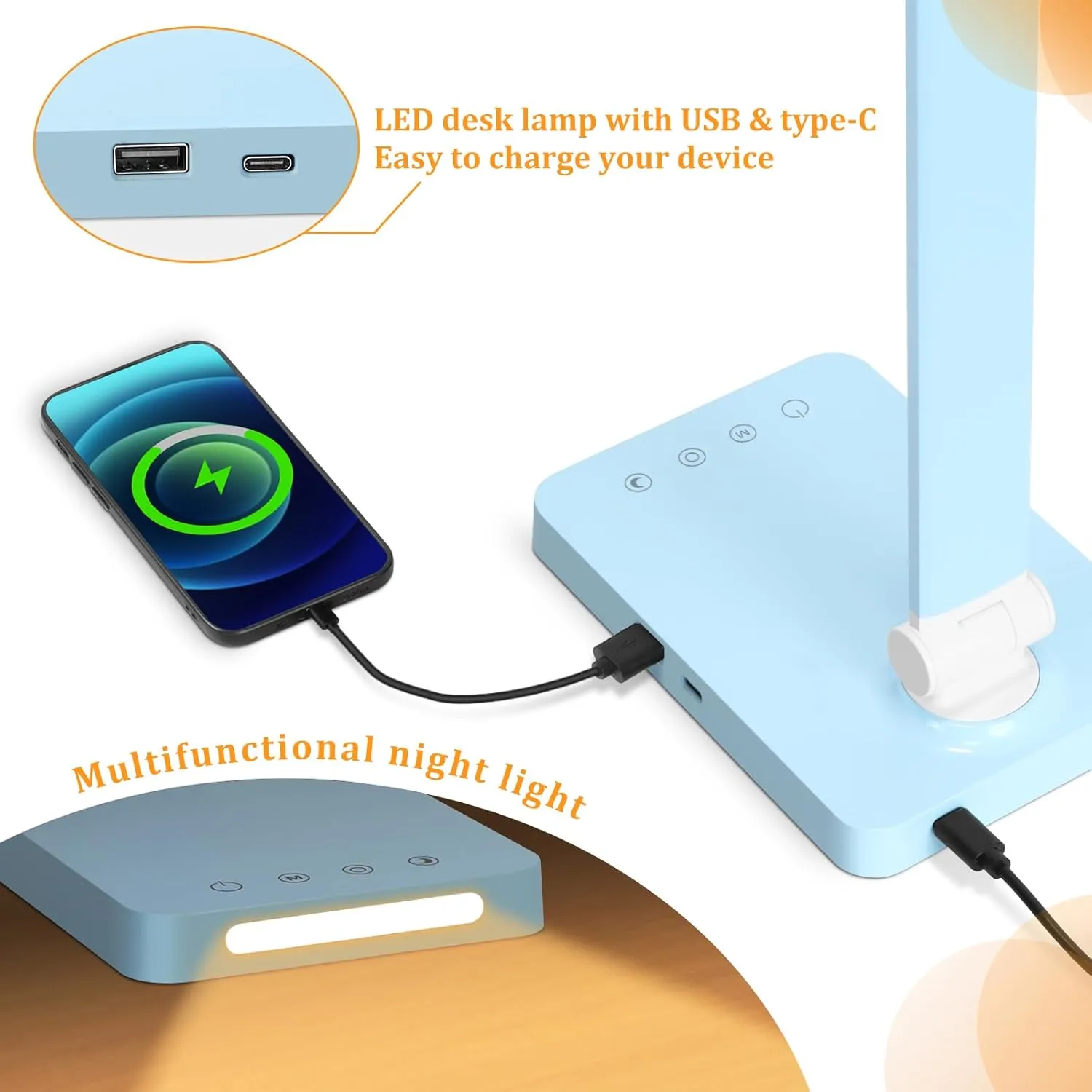 LED Desk Lamp with USB Ports,Touch Desk Lamps for Home Office with 5 Color Modes,3 Brightness Desk Light with Small Night Light,Reading Lamp Table Lamp for Bedroom Bedside Study Blue （with adapter）