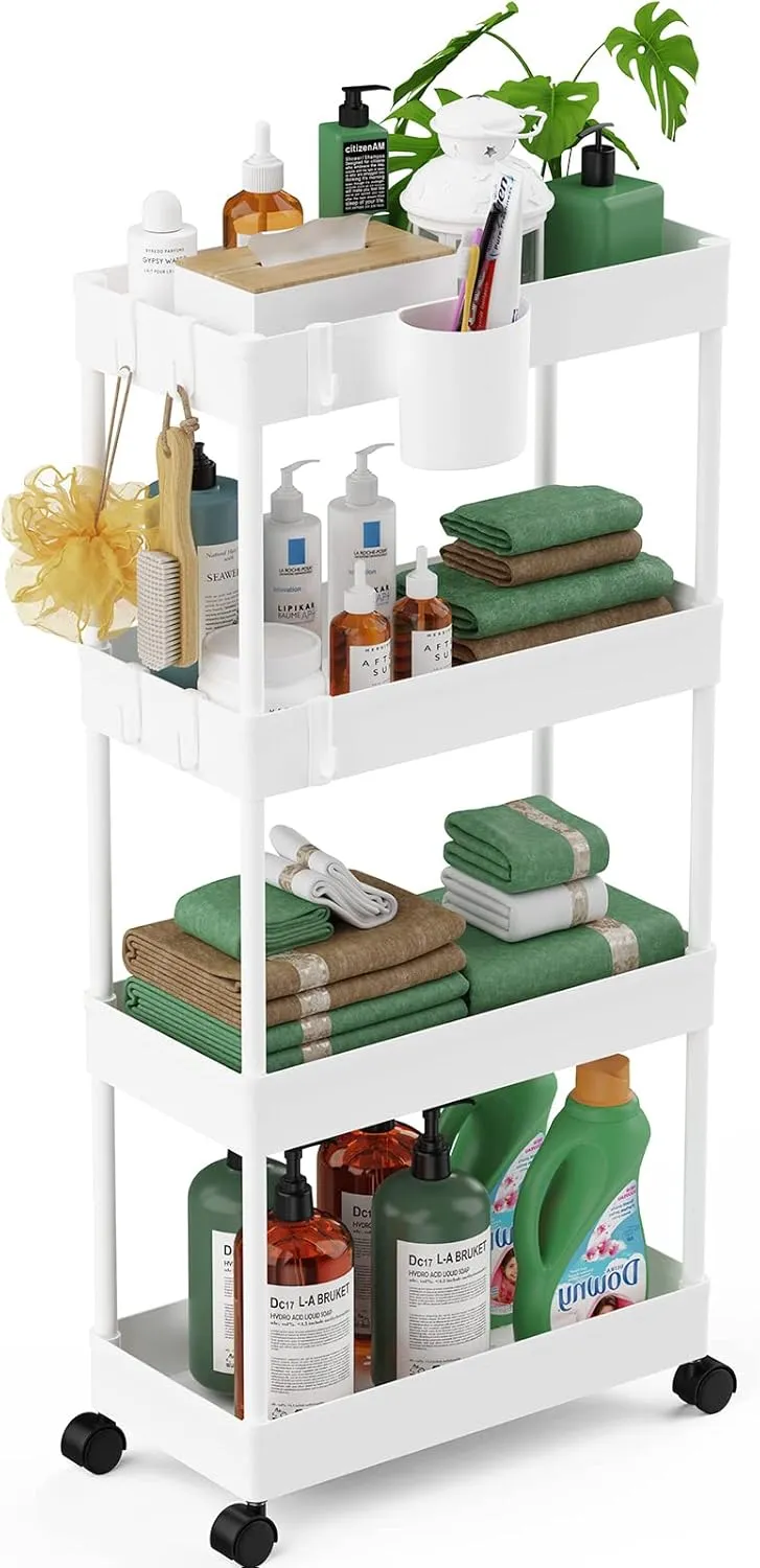 LEHOM Slim Rolling Storage Cart - 4 Tiers Bathroom Organizer Utility Cart Slide Out Storage Shelves Mobile Shelving Unit for Kitchen, Bedroom, Office, Laundry Room, Small Narrow Spaces (Pear White)