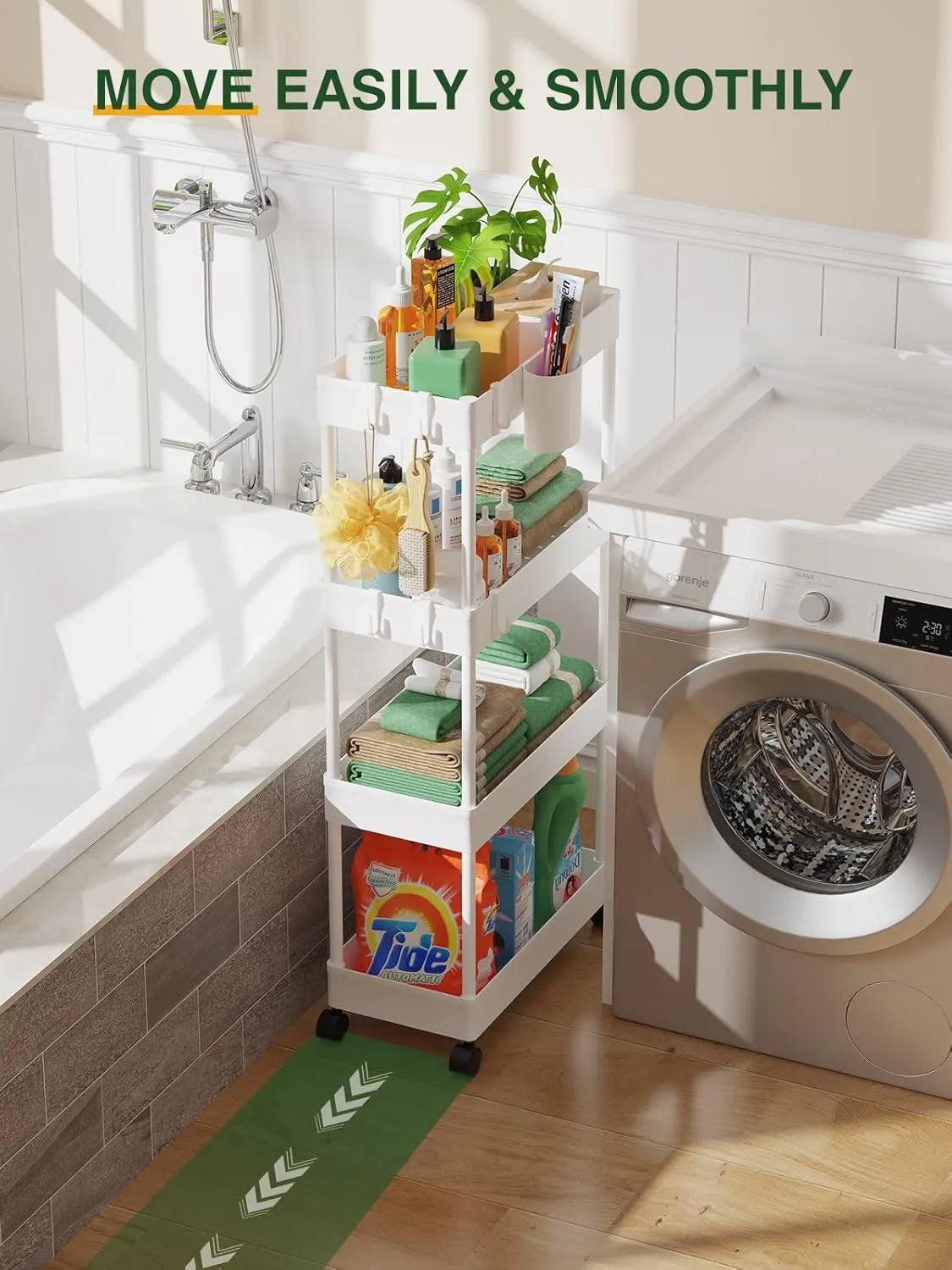 LEHOM Slim Rolling Storage Cart - 4 Tiers Bathroom Organizer Utility Cart Slide Out Storage Shelves Mobile Shelving Unit for Kitchen, Bedroom, Office, Laundry Room, Small Narrow Spaces (Pear White)