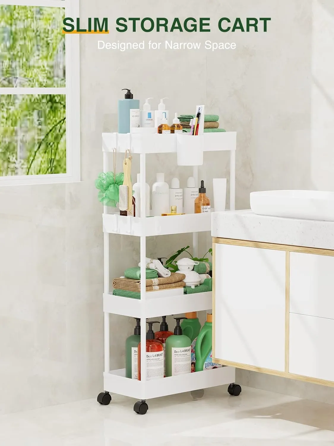 LEHOM Slim Rolling Storage Cart - 4 Tiers Bathroom Organizer Utility Cart Slide Out Storage Shelves Mobile Shelving Unit for Kitchen, Bedroom, Office, Laundry Room, Small Narrow Spaces (Pear White)
