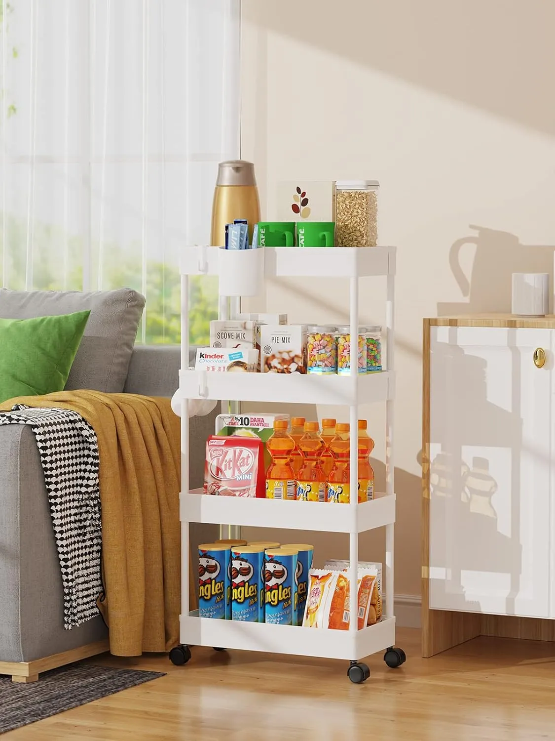 LEHOM Slim Rolling Storage Cart - 4 Tiers Bathroom Organizer Utility Cart Slide Out Storage Shelves Mobile Shelving Unit for Kitchen, Bedroom, Office, Laundry Room, Small Narrow Spaces (Pear White)