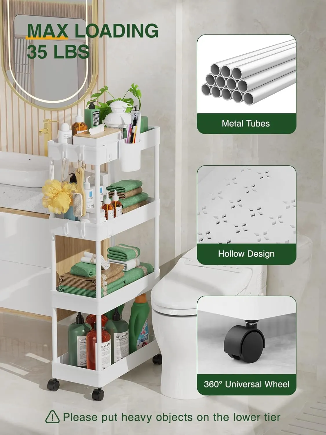 LEHOM Slim Rolling Storage Cart - 4 Tiers Bathroom Organizer Utility Cart Slide Out Storage Shelves Mobile Shelving Unit for Kitchen, Bedroom, Office, Laundry Room, Small Narrow Spaces (Pear White)