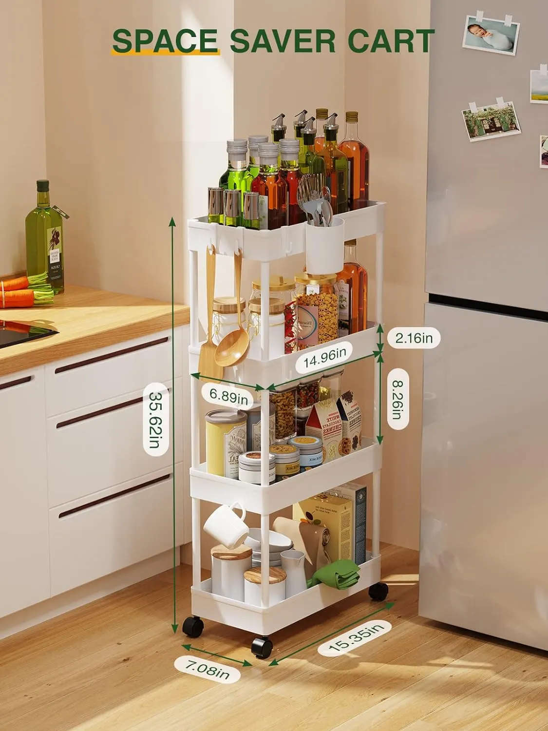 LEHOM Slim Rolling Storage Cart - 4 Tiers Bathroom Organizer Utility Cart Slide Out Storage Shelves Mobile Shelving Unit for Kitchen, Bedroom, Office, Laundry Room, Small Narrow Spaces (Pear White)