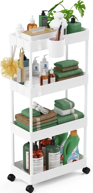 LEHOM Slim Rolling Storage Cart - 4 Tiers Bathroom Organizer Utility Cart Slide Out Storage Shelves Mobile Shelving Unit for Kitchen, Bedroom, Office, Laundry Room, Small Narrow Spaces (Pear White)
