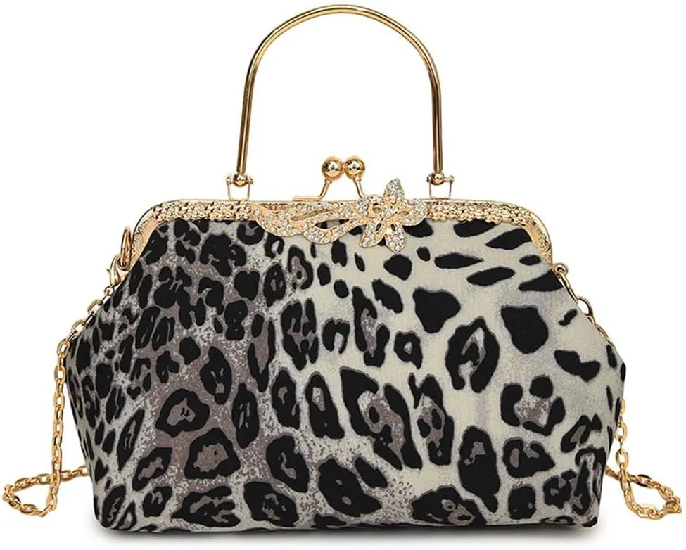 Leopard Evening Clutch Purse with Chain Cheetah Print Kiss Lock Evening Handbag and Purse Party Prom Evening Tote Bags