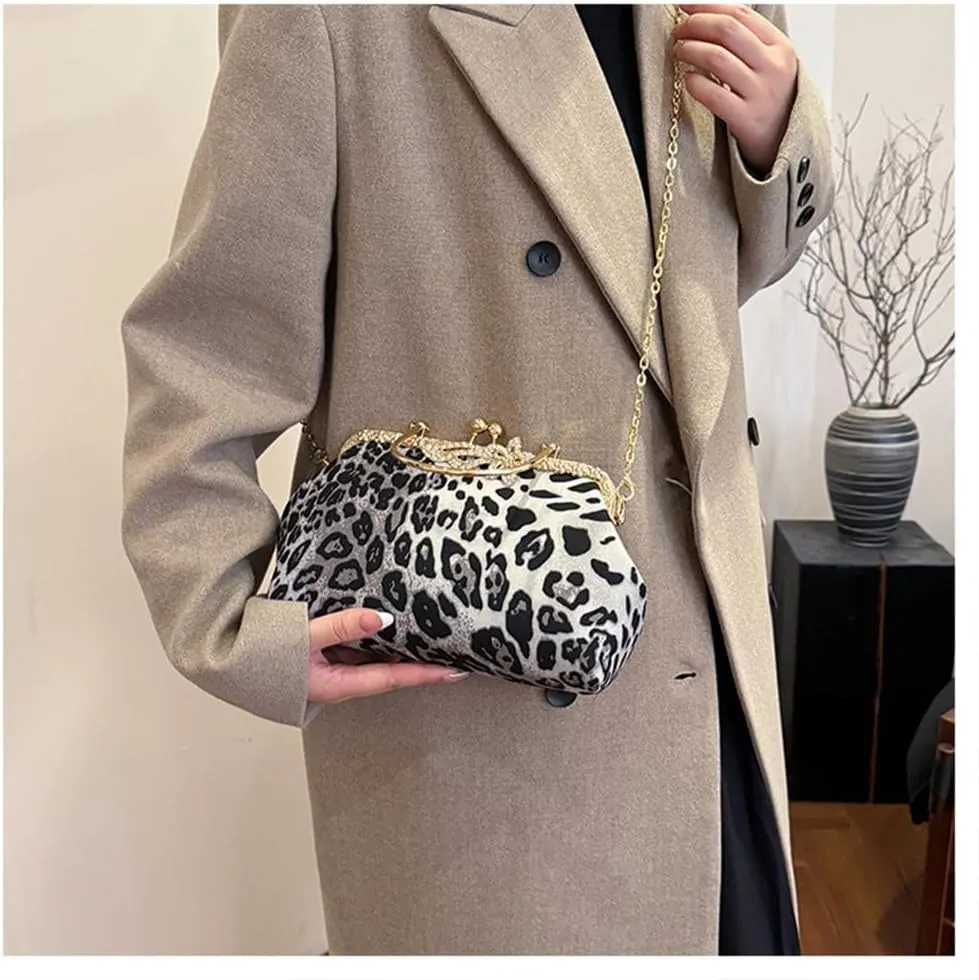 Leopard Evening Clutch Purse with Chain Cheetah Print Kiss Lock Evening Handbag and Purse Party Prom Evening Tote Bags