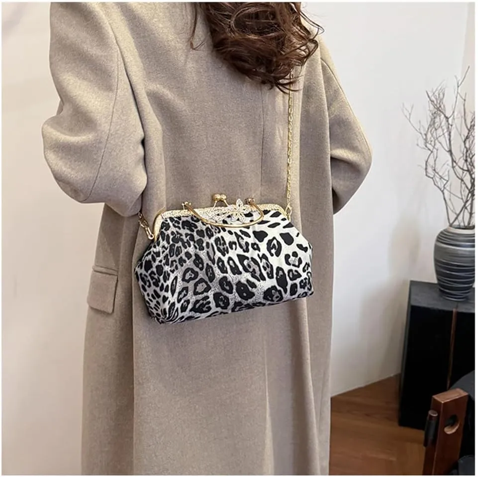 Leopard Evening Clutch Purse with Chain Cheetah Print Kiss Lock Evening Handbag and Purse Party Prom Evening Tote Bags