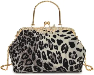 Leopard Evening Clutch Purse with Chain Cheetah Print Kiss Lock Evening Handbag and Purse Party Prom Evening Tote Bags