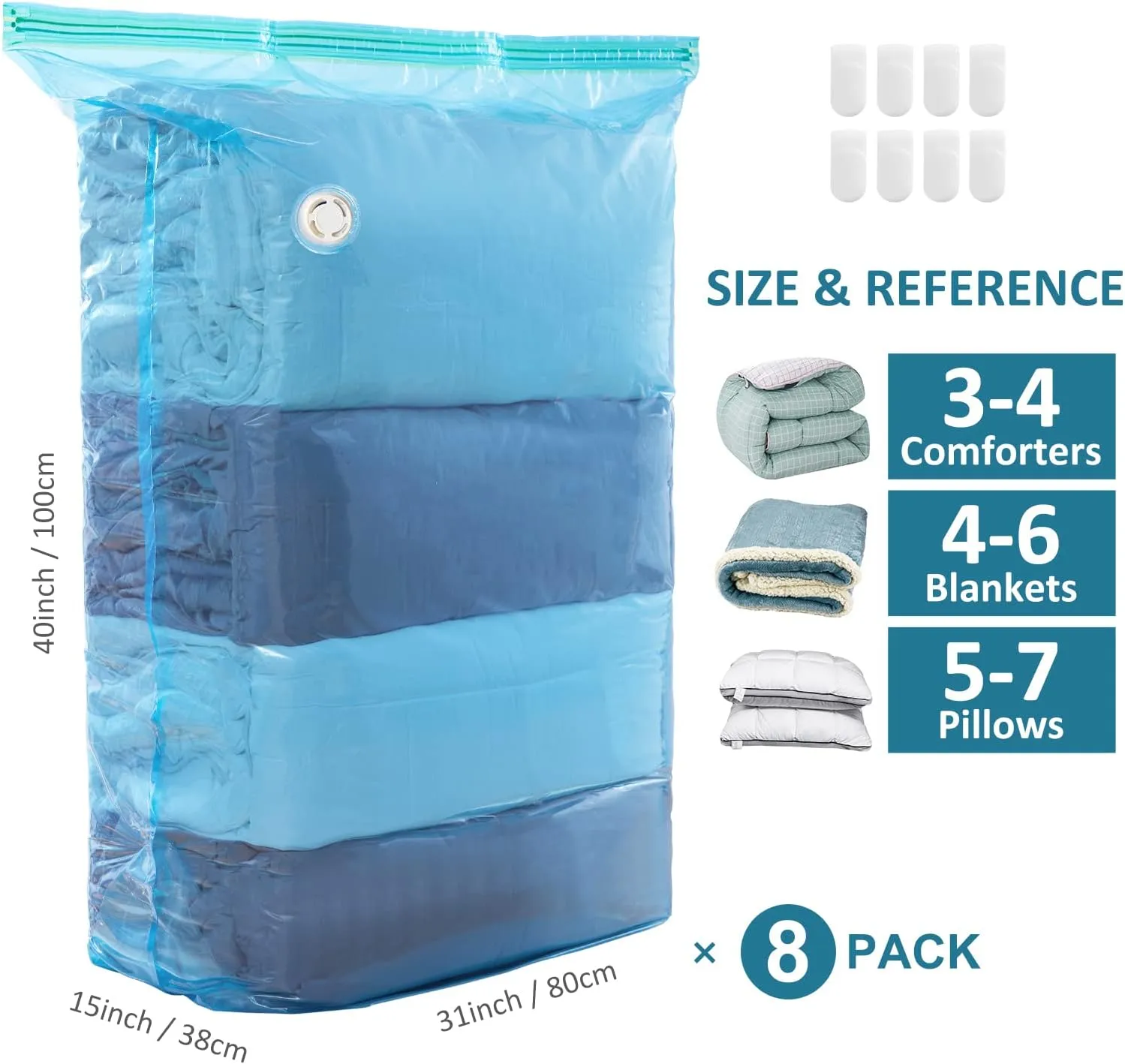 LEVERLOC 8 Pack Vacuum Storage Bags, Blue Jumbo Cube 31x40x15 inch, Extra Large Vacuum Seal Bags for Beddings Blankets Comforters Quilts Duvets Pillows, Closet Organizers and Storage