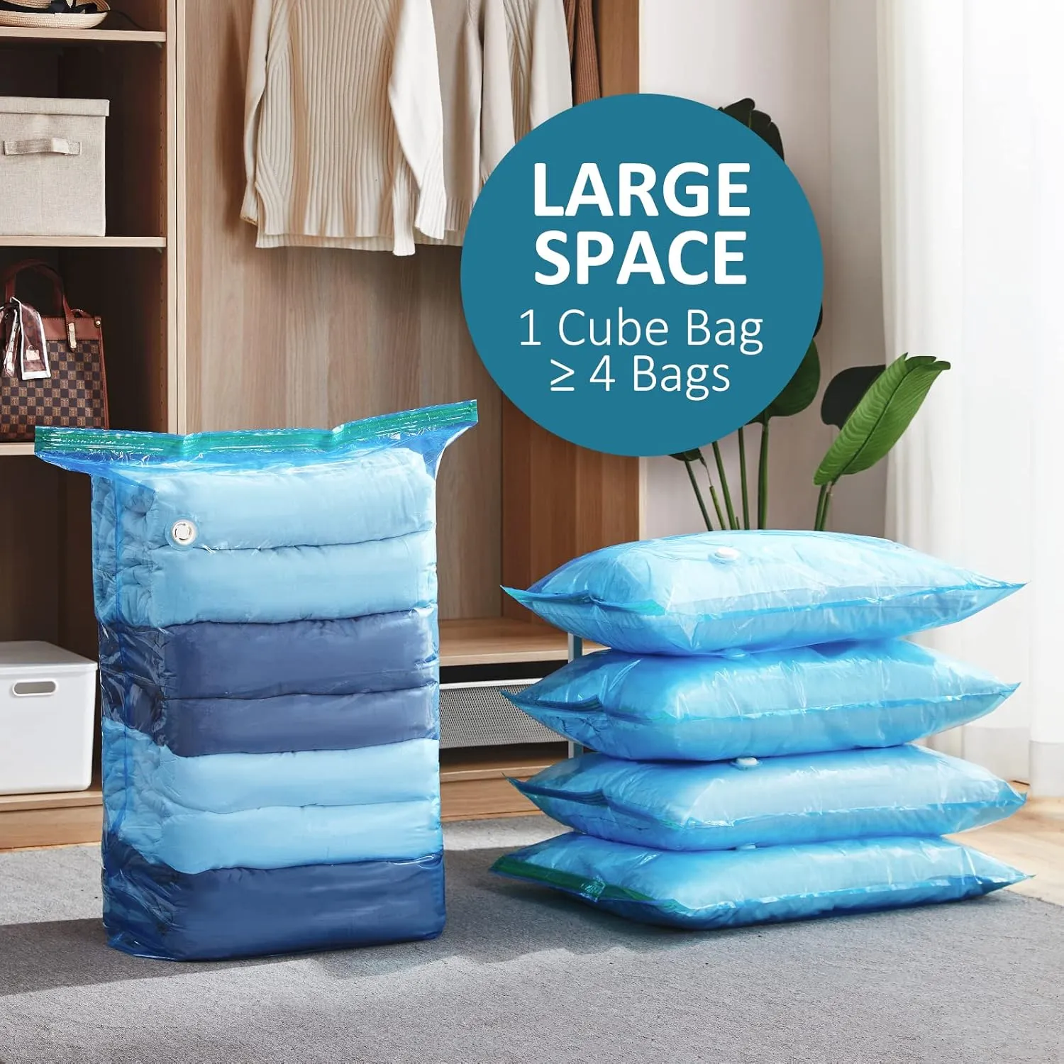 LEVERLOC 8 Pack Vacuum Storage Bags, Blue Jumbo Cube 31x40x15 inch, Extra Large Vacuum Seal Bags for Beddings Blankets Comforters Quilts Duvets Pillows, Closet Organizers and Storage