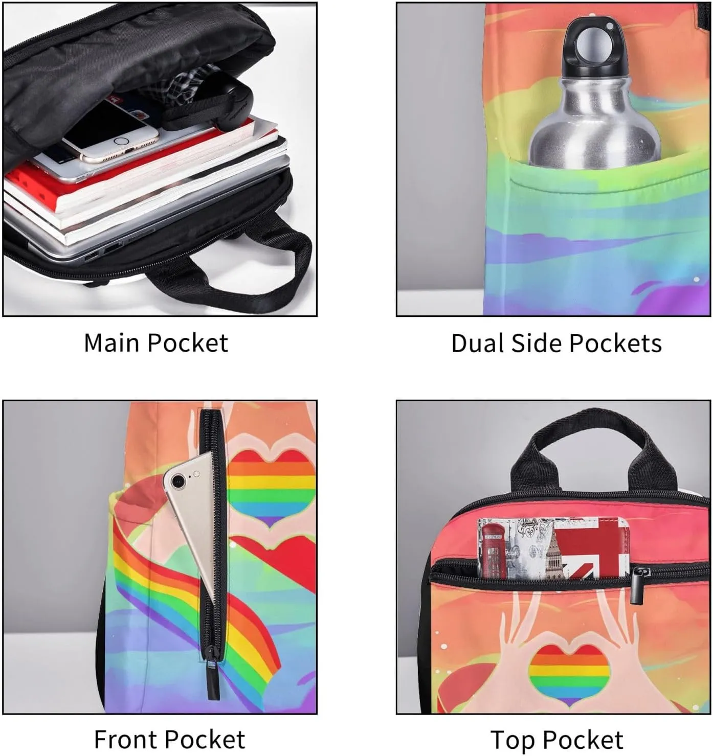 LGBT Gay Pride Rainbow Ribbon Heart Gesture Travel Laptop Backpack Casual Backpacks Double Shoulder Daypack Notebook Rucksack Work Bags Sports Bag for Gym Hiking Camping Beach