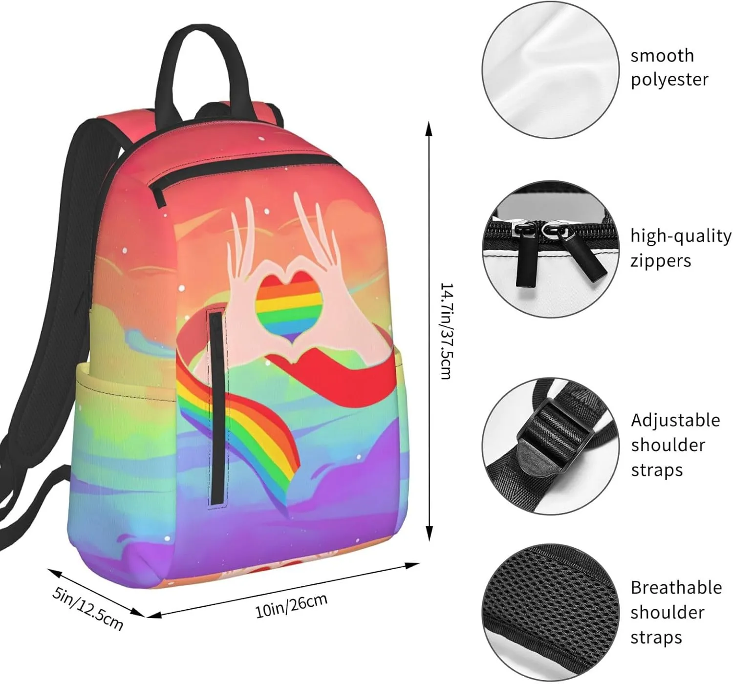 LGBT Gay Pride Rainbow Ribbon Heart Gesture Travel Laptop Backpack Casual Backpacks Double Shoulder Daypack Notebook Rucksack Work Bags Sports Bag for Gym Hiking Camping Beach