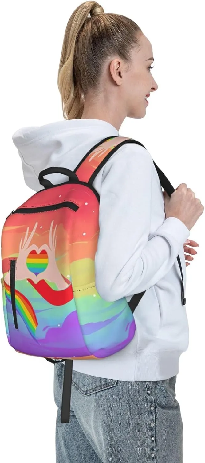 LGBT Gay Pride Rainbow Ribbon Heart Gesture Travel Laptop Backpack Casual Backpacks Double Shoulder Daypack Notebook Rucksack Work Bags Sports Bag for Gym Hiking Camping Beach