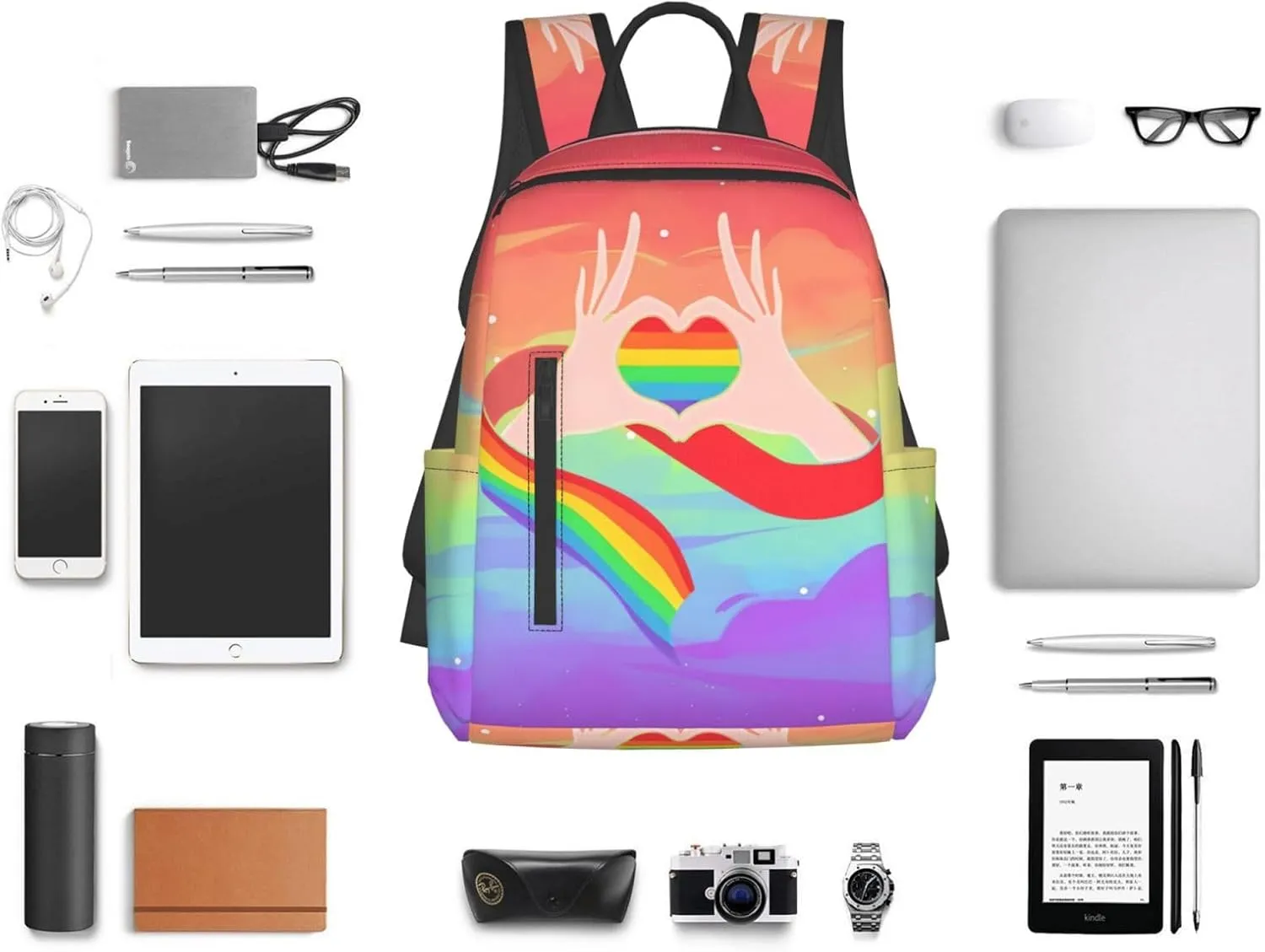 LGBT Gay Pride Rainbow Ribbon Heart Gesture Travel Laptop Backpack Casual Backpacks Double Shoulder Daypack Notebook Rucksack Work Bags Sports Bag for Gym Hiking Camping Beach