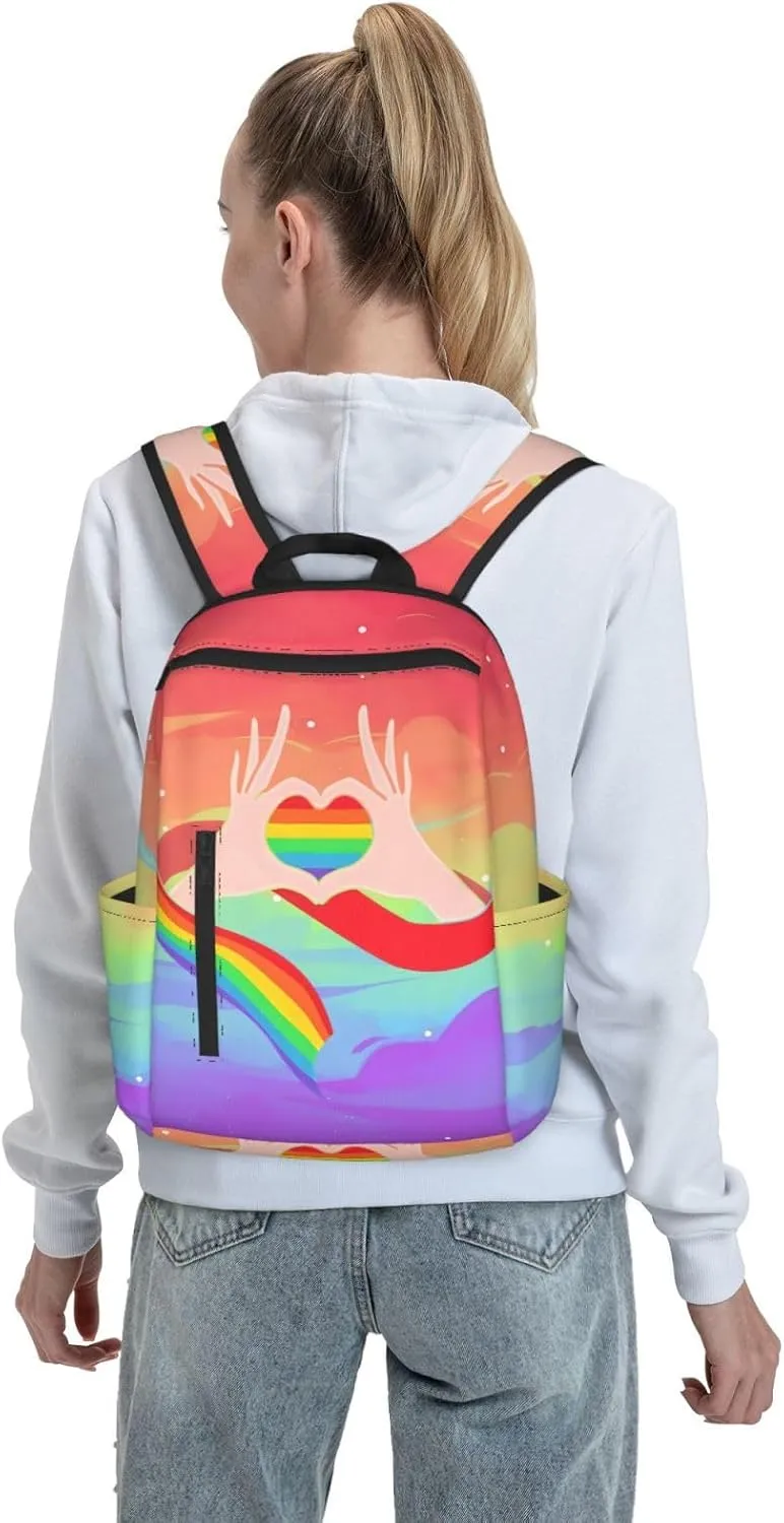 LGBT Gay Pride Rainbow Ribbon Heart Gesture Travel Laptop Backpack Casual Backpacks Double Shoulder Daypack Notebook Rucksack Work Bags Sports Bag for Gym Hiking Camping Beach