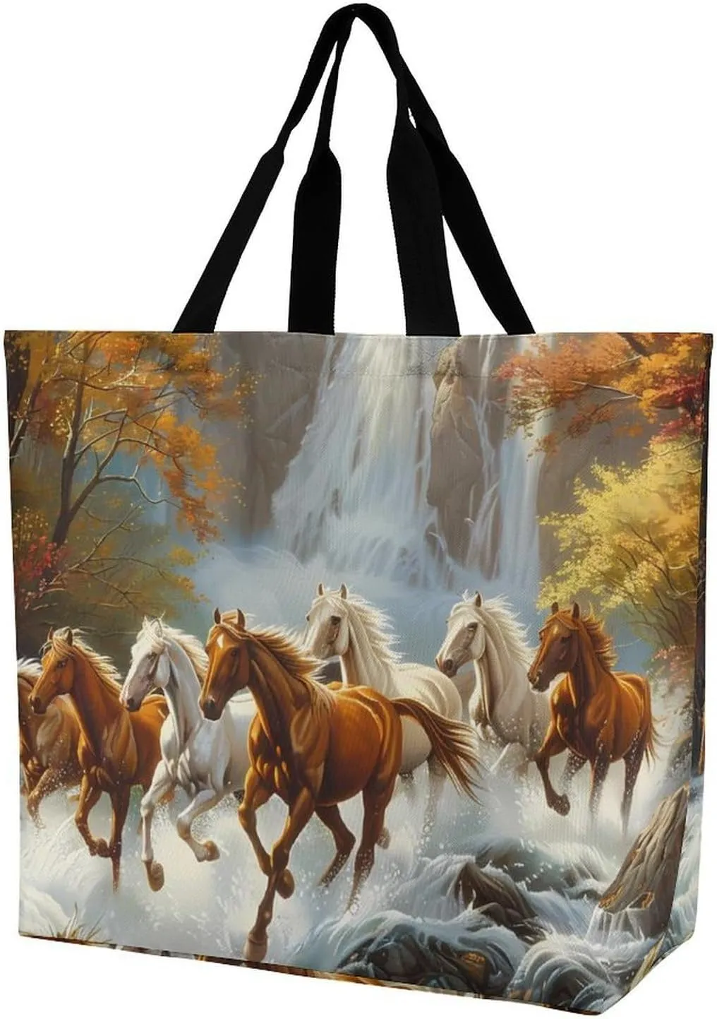 Life Mountain Stream Running Horse Wild Reusable Shopping Bag with Shoulder Straps Portable Collapsible Grocery Tote Bags