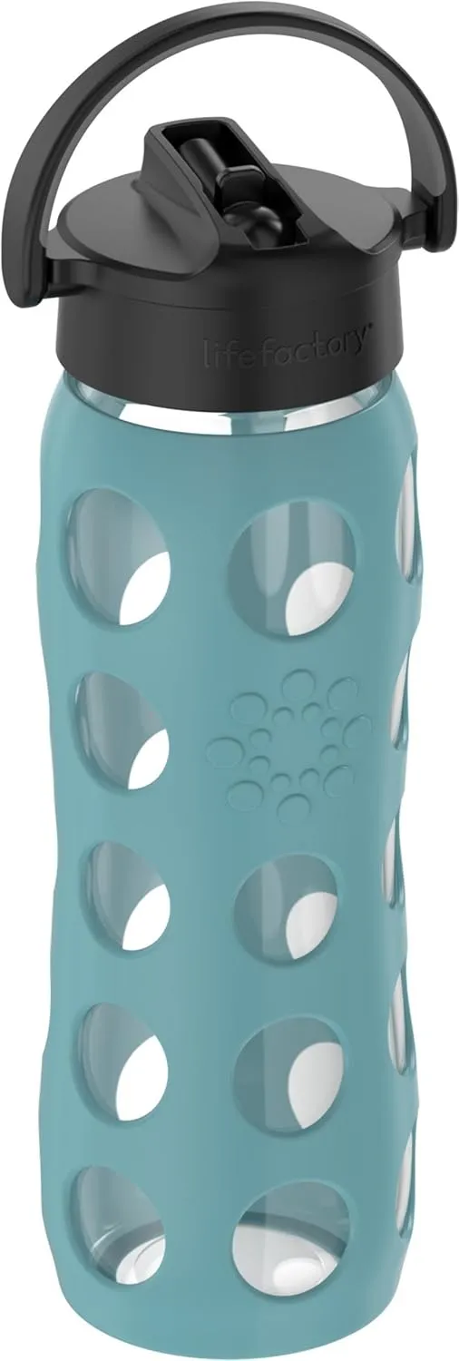 Lifefactory 22-Ounce Glass Water Bottle with Pivot Straw Cap and Protective Silicone Sleeve, Aqua Teal