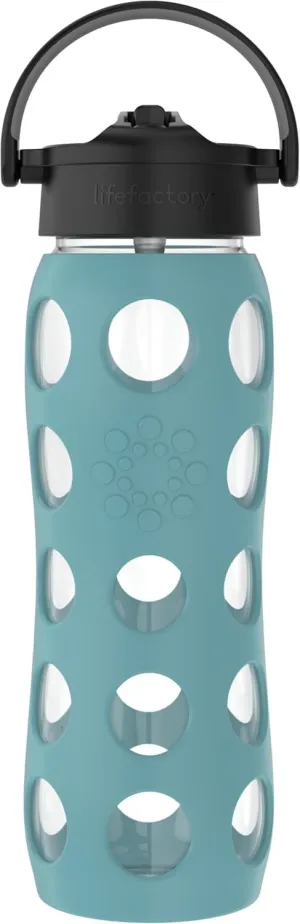 Lifefactory 22-Ounce Glass Water Bottle with Pivot Straw Cap and Protective Silicone Sleeve, Aqua Teal