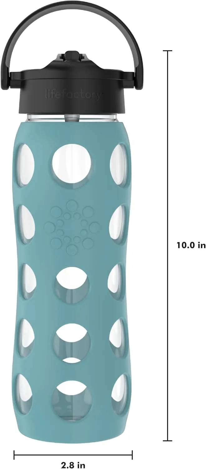 Lifefactory 22-Ounce Glass Water Bottle with Pivot Straw Cap and Protective Silicone Sleeve, Aqua Teal