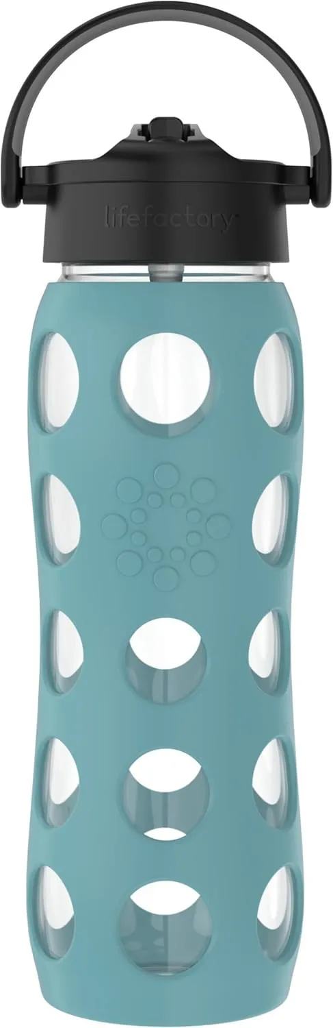 Lifefactory 22-Ounce Glass Water Bottle with Pivot Straw Cap and Protective Silicone Sleeve, Aqua Teal