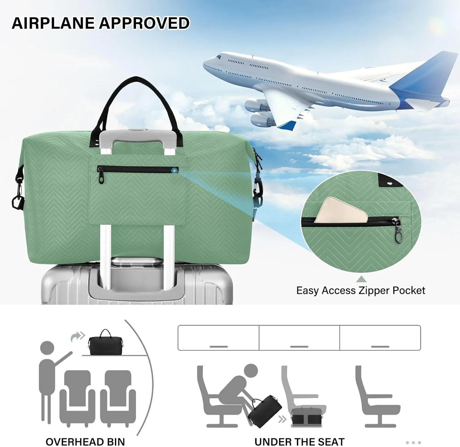 Light Green Travel Duffel Bag with Toiletry Bag Weekender Bag for Carry on Sports Gym Bag for Maternity Mommy Hospital