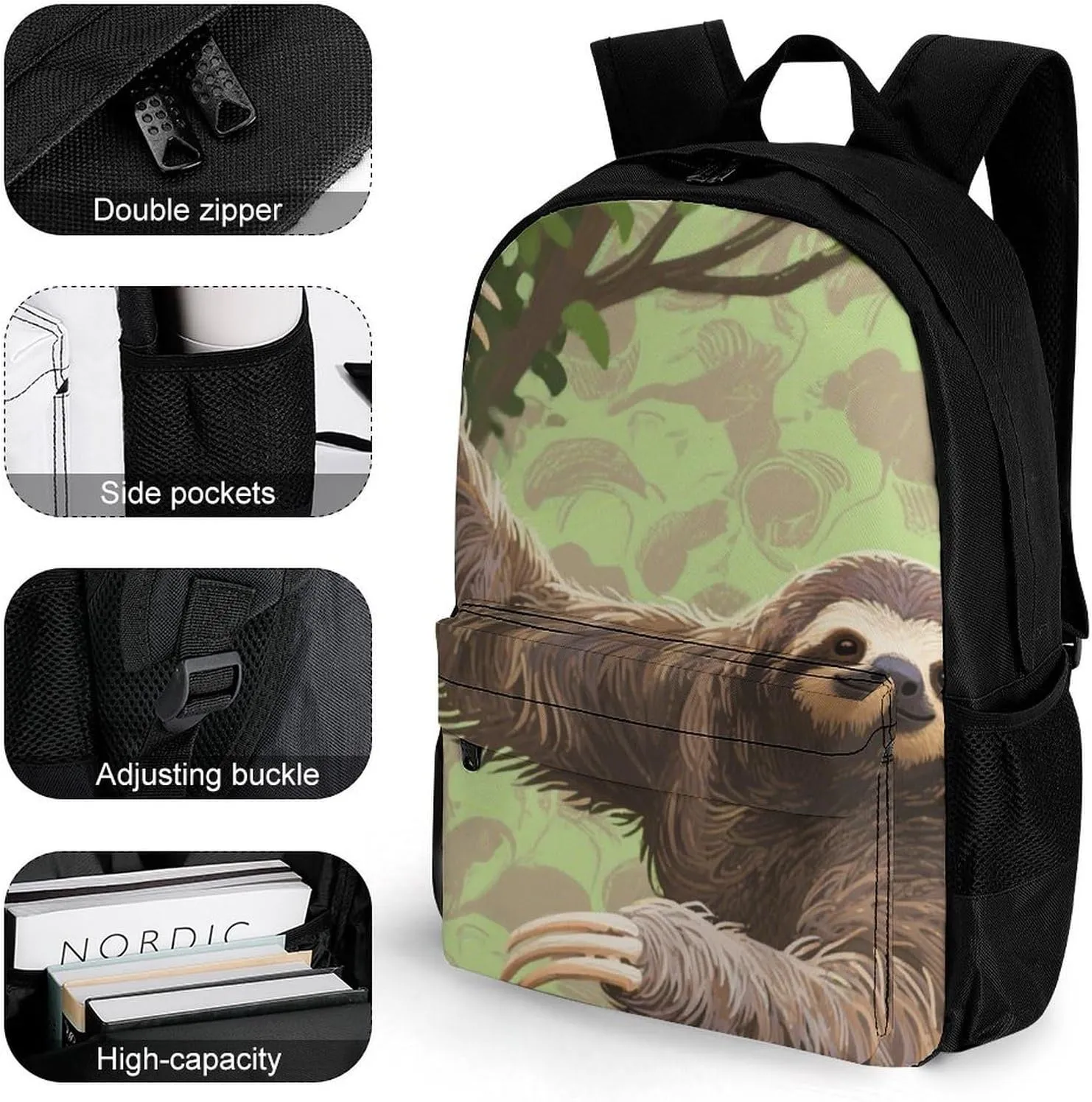 Lightweight Backpack for Gym Travel Bicycle - Big Capacity Multipurpose Anti-Theft Carry On Bag, Animals Sloth Art Travel Hiking Bag & Day Pack