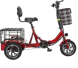 Lightweight Folding Scooter, Folding Electric Tricycle, Battery Car, Human Scooter, Dual-Purpose Small Mini Shopping Cart for The Elderly,Red