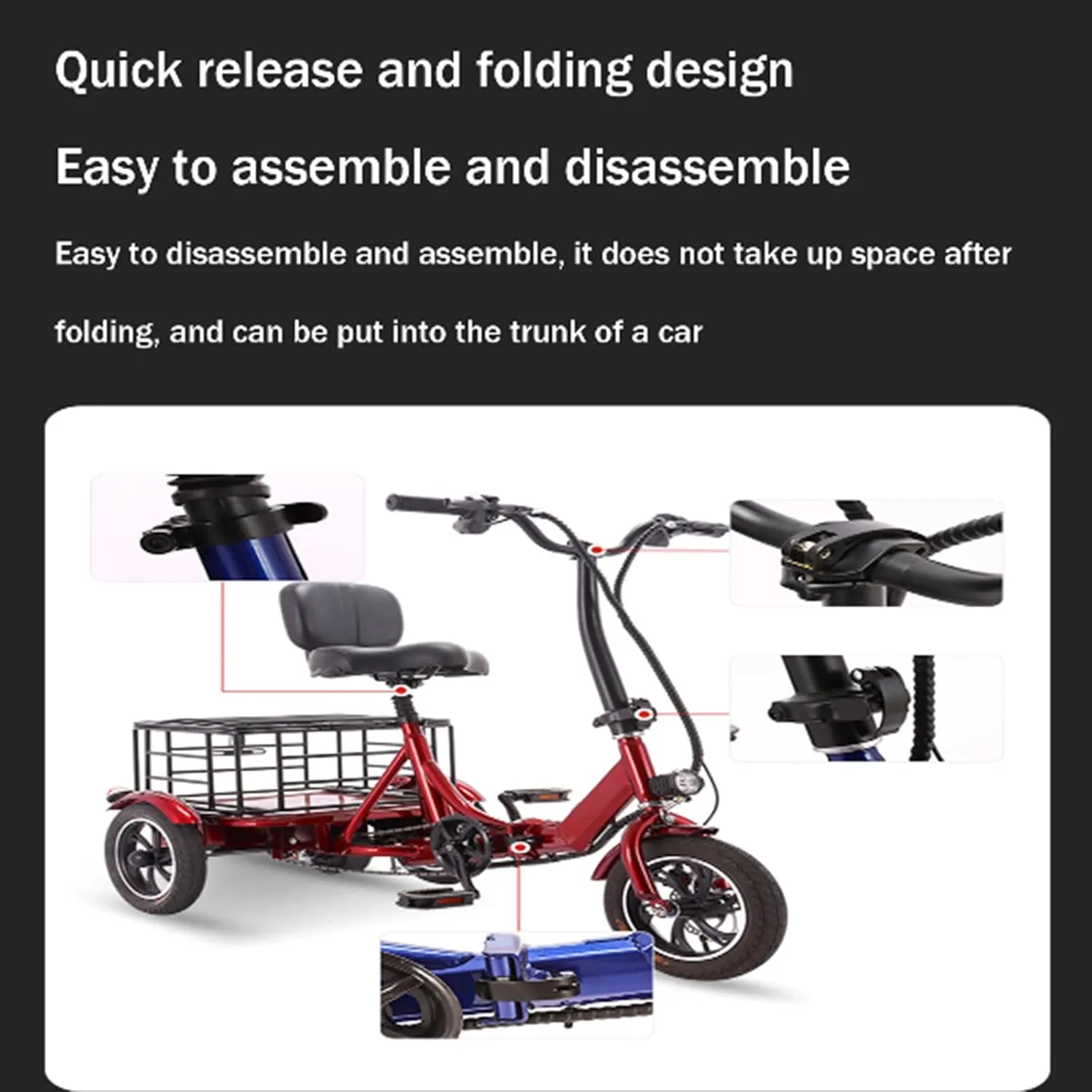 Lightweight Folding Scooter, Folding Electric Tricycle, Battery Car, Human Scooter, Dual-Purpose Small Mini Shopping Cart for The Elderly,Red