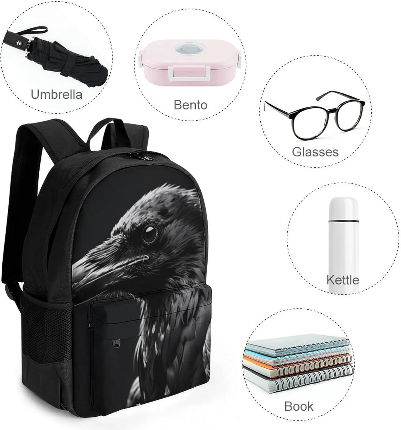 Lightweight Rucksacks for Camping Picnic Walking Cycling - Large Capacity Multipurpose Anti-Theft Carry On Bag, Black Crow Raven Bird Art Travel Hiking & Camping Rucksack
