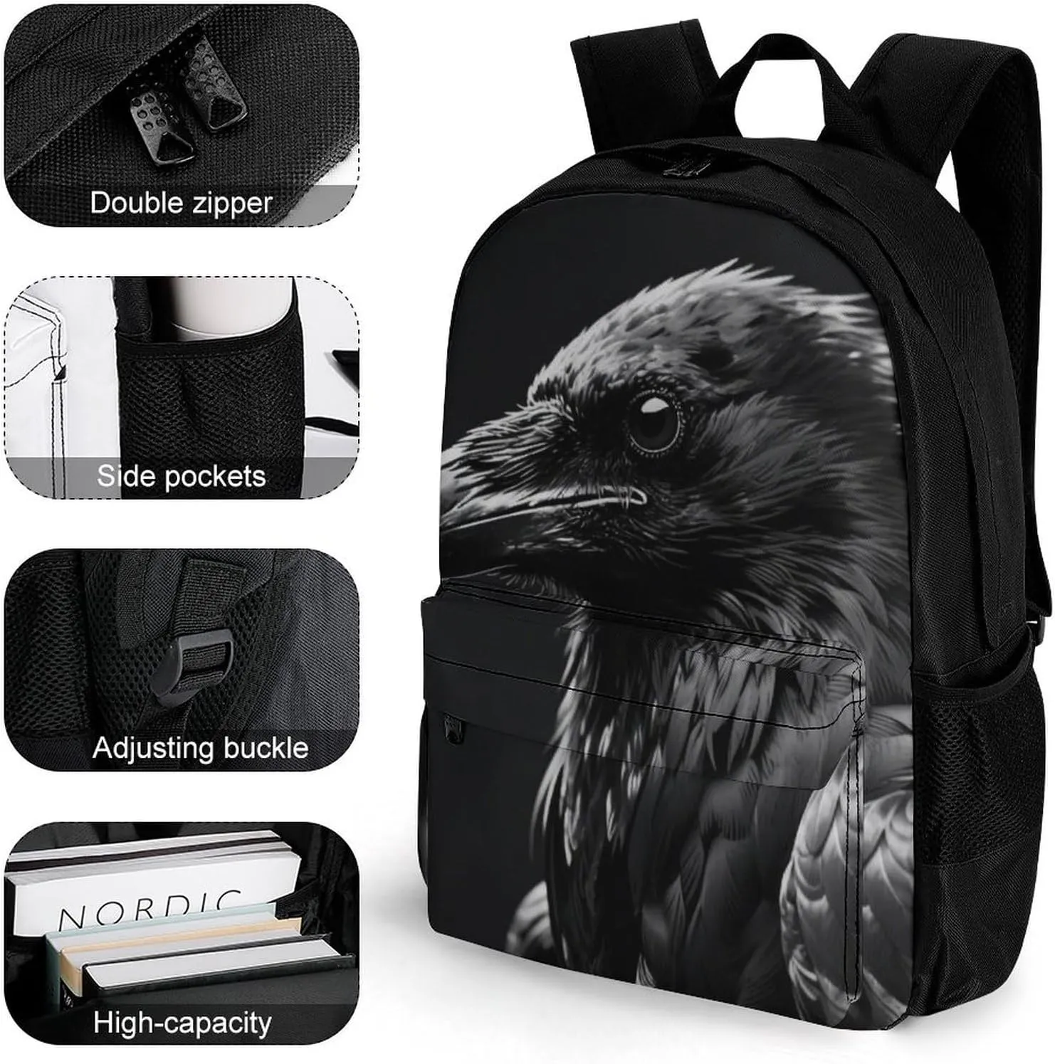 Lightweight Rucksacks for Camping Picnic Walking Cycling - Large Capacity Multipurpose Anti-Theft Carry On Bag, Black Crow Raven Bird Art Travel Hiking & Camping Rucksack