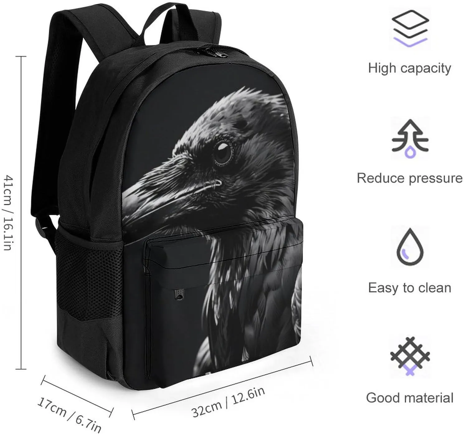 Lightweight Rucksacks for Camping Picnic Walking Cycling - Large Capacity Multipurpose Anti-Theft Carry On Bag, Black Crow Raven Bird Art Travel Hiking & Camping Rucksack