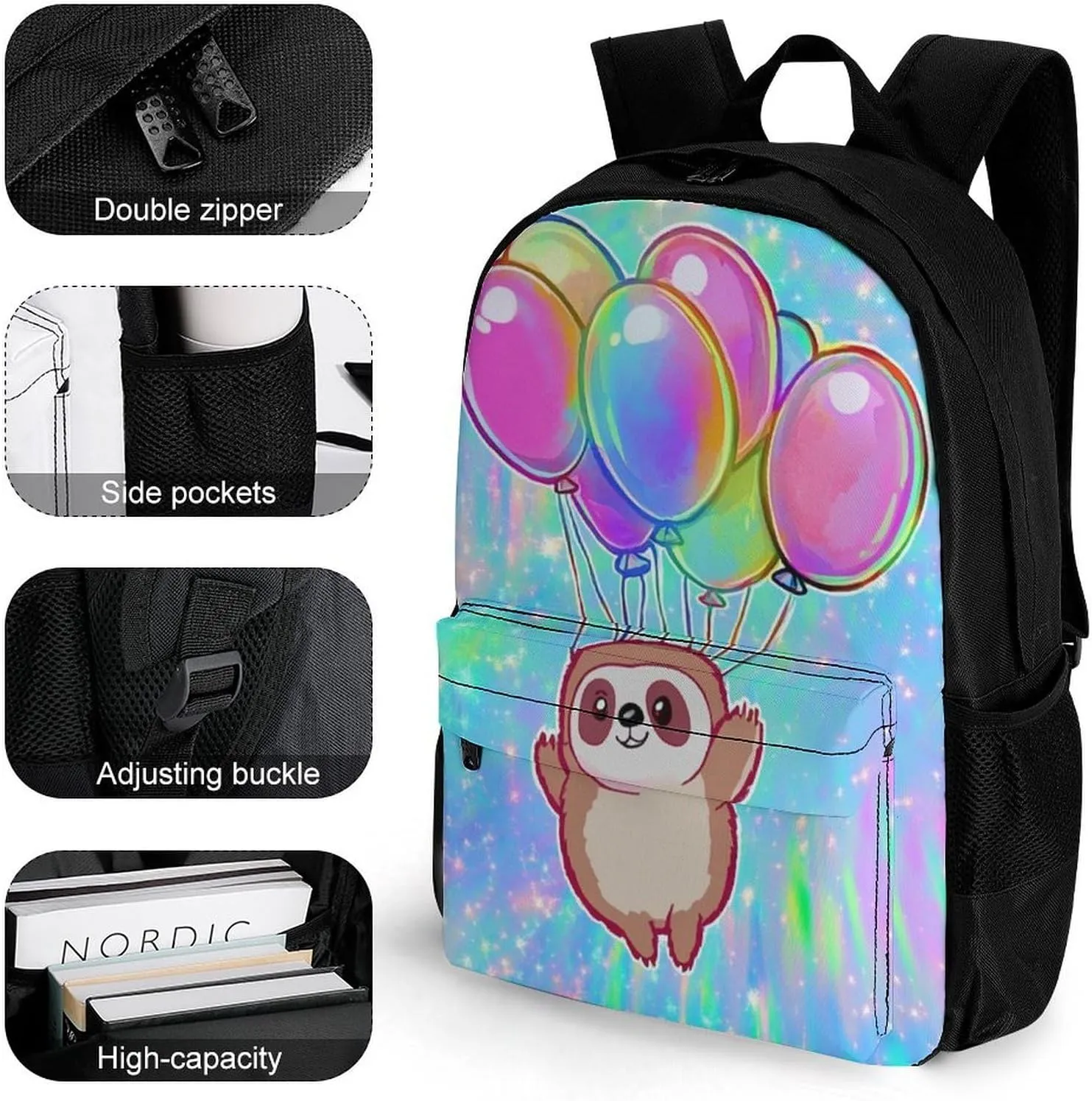 Lightweight Rucksacks for Climbing Outdoors Walking Cycling - Large Capacity Anti-Theft Multipurpose Carry On Bag, Balloon Sloth Rainbow Camping Outdoor Backpack