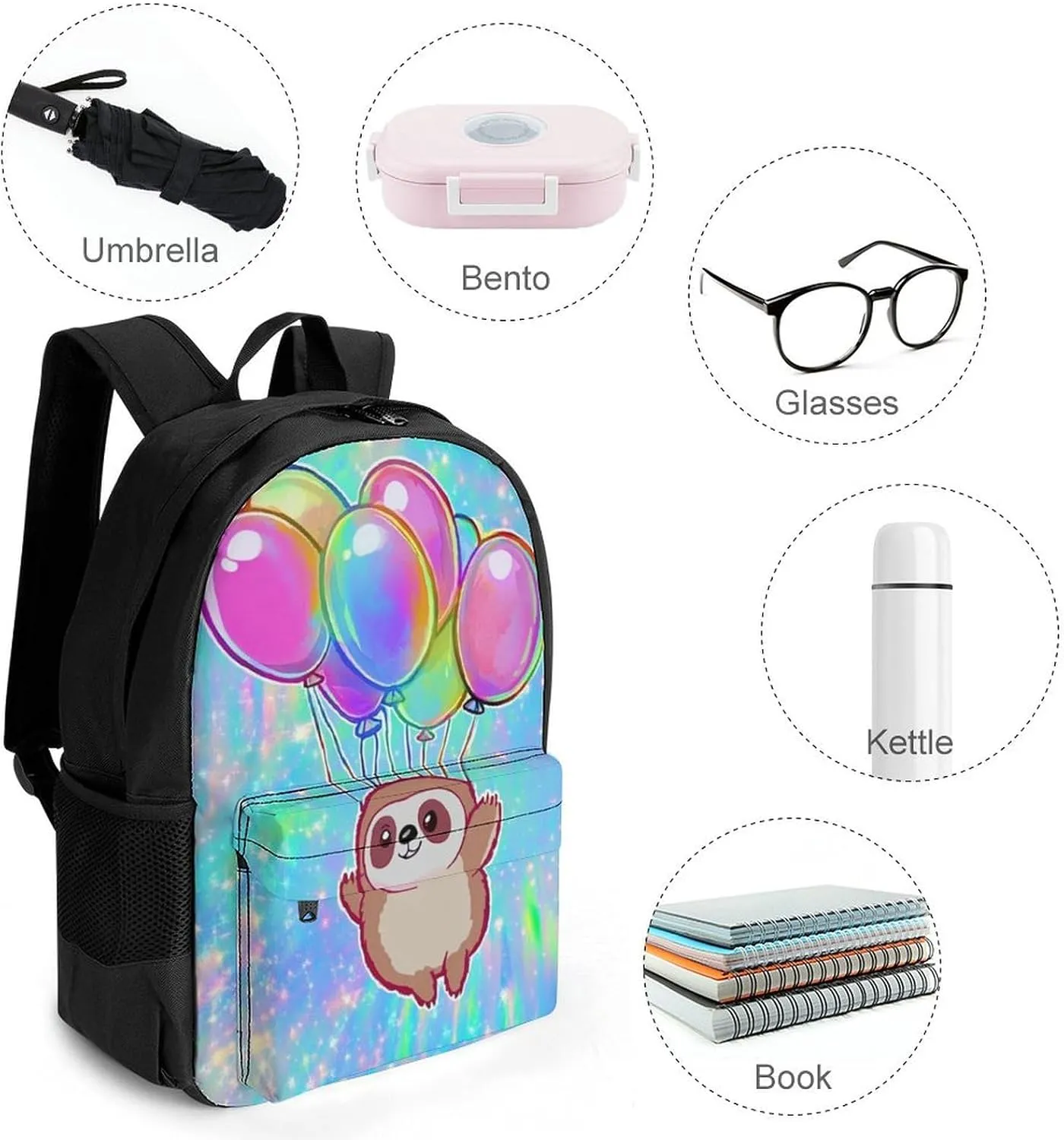 Lightweight Rucksacks for Climbing Outdoors Walking Cycling - Large Capacity Anti-Theft Multipurpose Carry On Bag, Balloon Sloth Rainbow Camping Outdoor Backpack