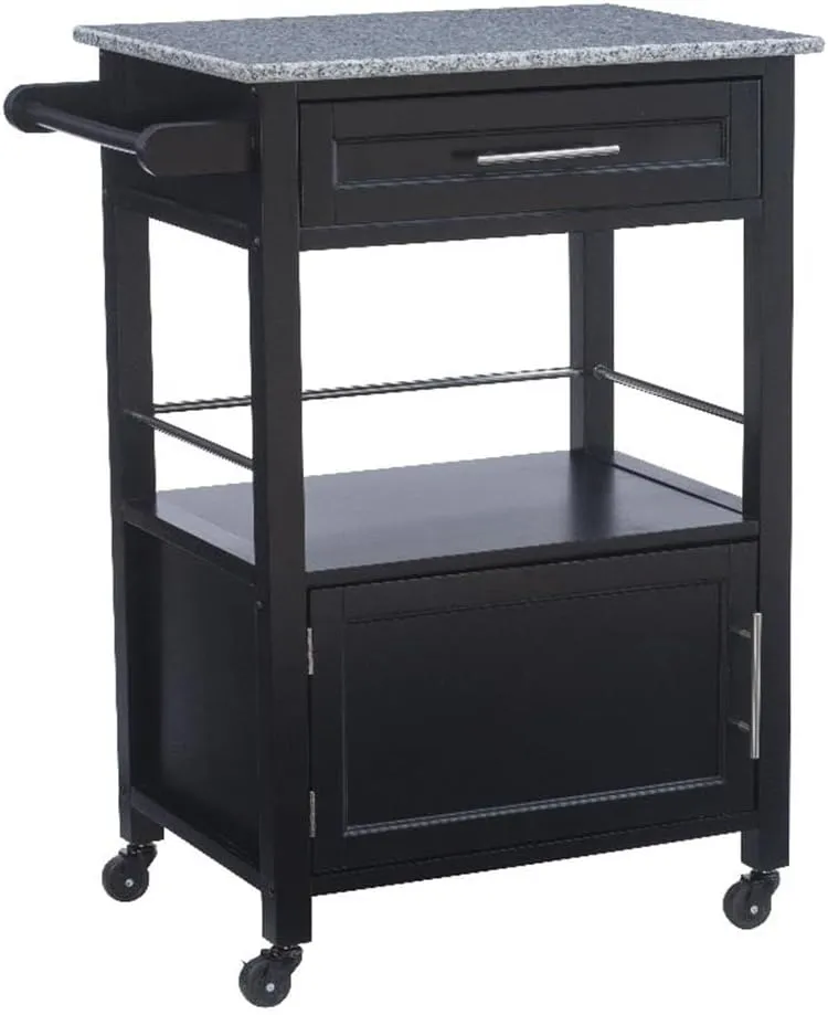 Linon Mitchell Wood Granite Top Rolling Kitchen Cart Ample Storage in Black